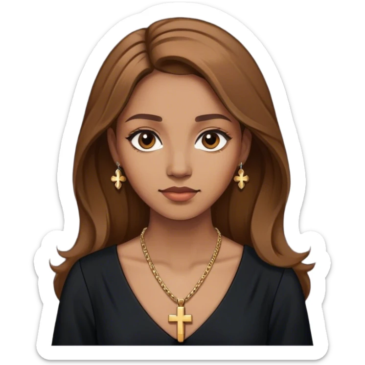 Praying woman with light brown hair wearing a cross necklace and a long black dress sticker