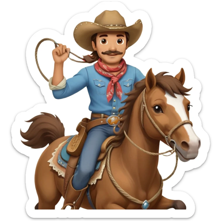 clash-of-clans-aesthetic_-cinematic-playful-cowboy-portrait-emoji, head-tilted with a roguish, cheeky grin and twinkling eyes, featuring a rugged, spirited build with a wide-brimmed cowboy hat and a weathered bandana on tan skin, brown hair and a moustache , riding a powerful galloping horse with dynamic flowing mane, reins gripped firmly in one hand and a lasso in the other, as dust swirls behind them in a vast desert landscape. sticker