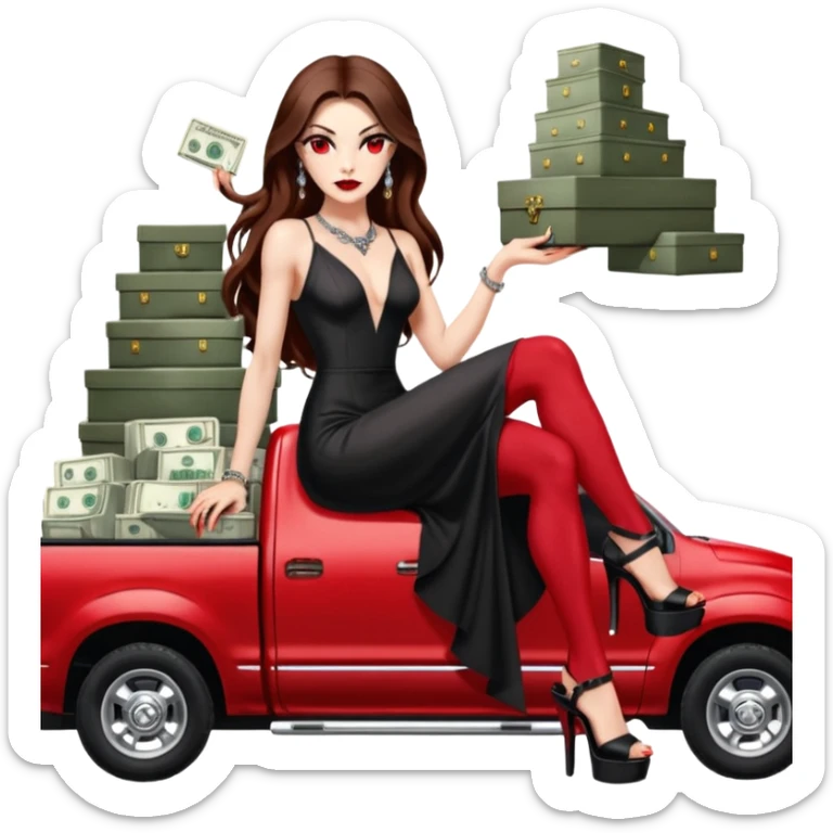 Lilith symbol red eye seductress evil long brown haired sexy succubus woman. Wearing Chanel  long dress with slit, sitting on top of a  giant lifted F350 pickup truck. Black Platform heels on feet. Back of truck full of stacks of cash, sitting behind her is  ahold stacks sticker