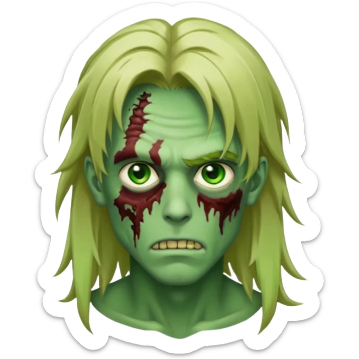 handsome male zombie with green skin, dirty blonde long anime hair, green eyes, facing forward, iOS emoji style sticker
