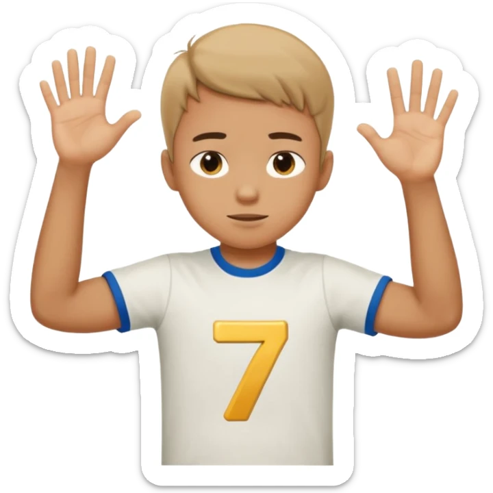 Boy doing 67 with hands in the air up to his chest and he is holding 6 in one hand and seven in the other sticker