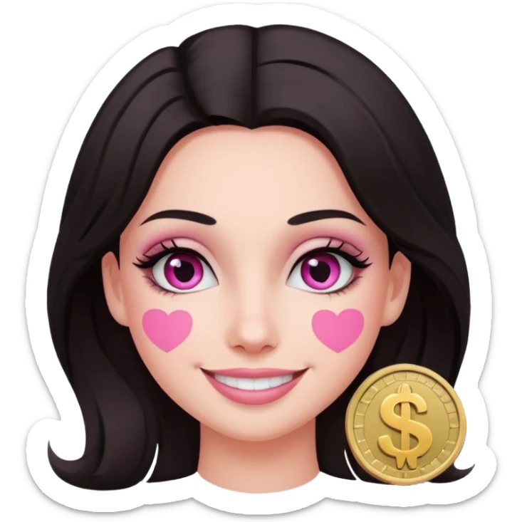 fair-skinned woman with dark hair, dollar sign ($) eyes, smiling, pink brush sticker
