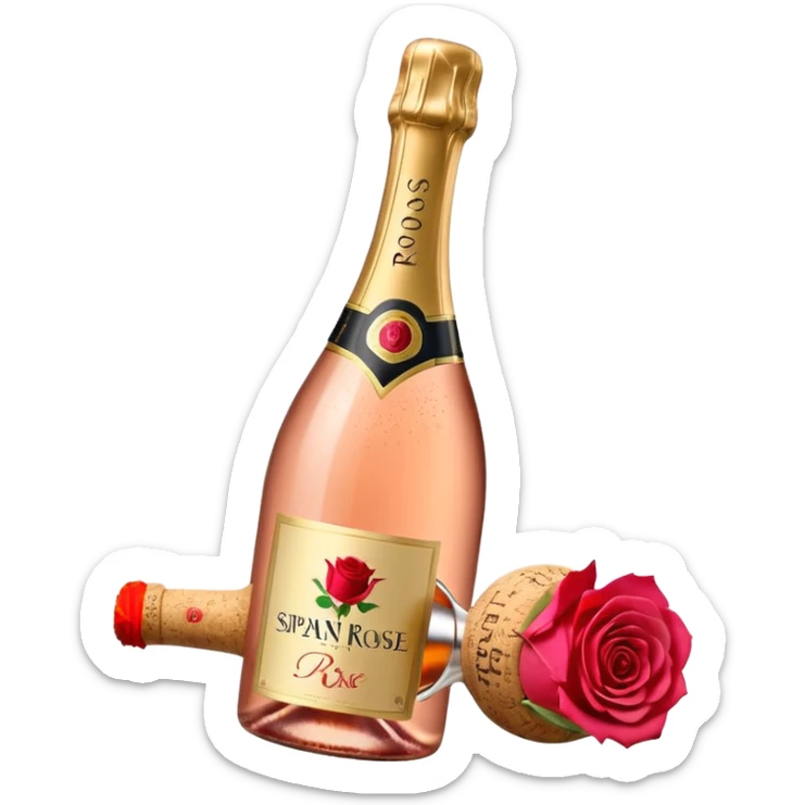 bottle of sparkling rosé champagne with a rose logo on the label, with the cork popping out from the top, tilted up and to the left, no glass sticker