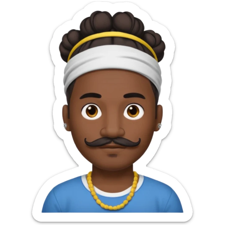 single big bun hair man and mustache and face tattoos very heavy and headband sticker