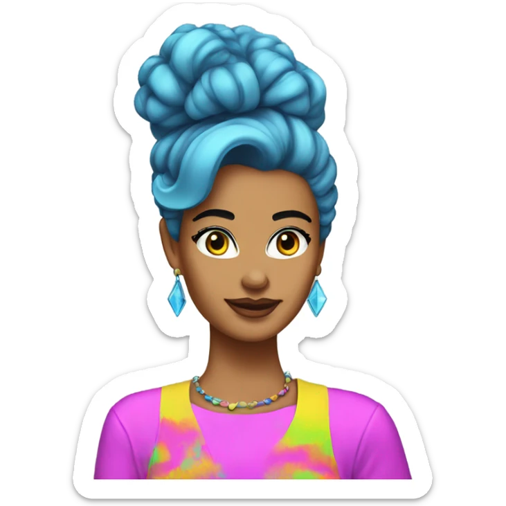 Tanned woman with black hair dressed in 1980s neon hair, makeup, and attire  sticker