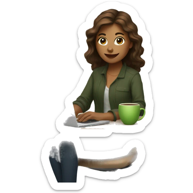 female designer with brown hair works on a computer and holds matcha tea in her hands sticker