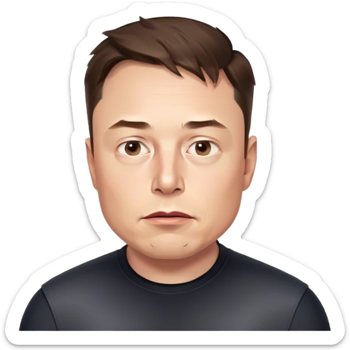 A photorealistic style 3d render of Elon Musk's head, no neck or body, slightly turned right, with a concerned expression. Transparent background sticker