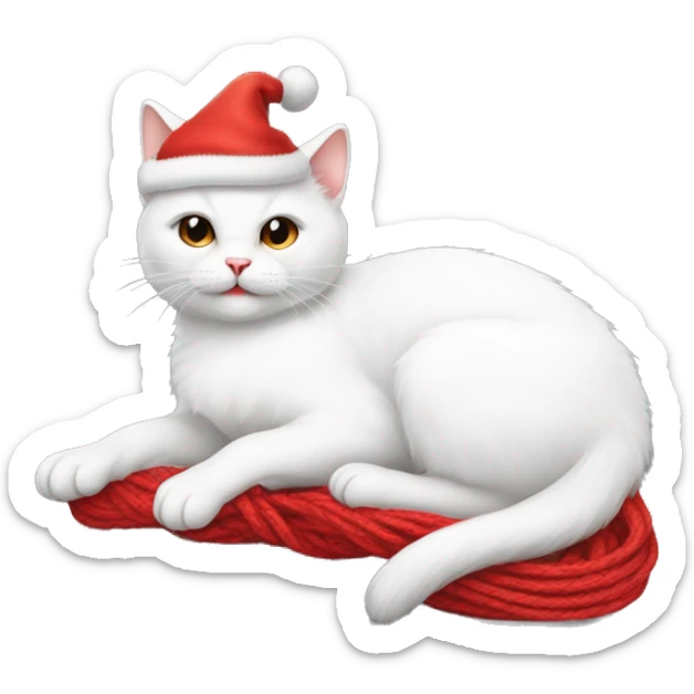 white cat on its back wearing a christmas hat playing with a ball of red yarn sticker