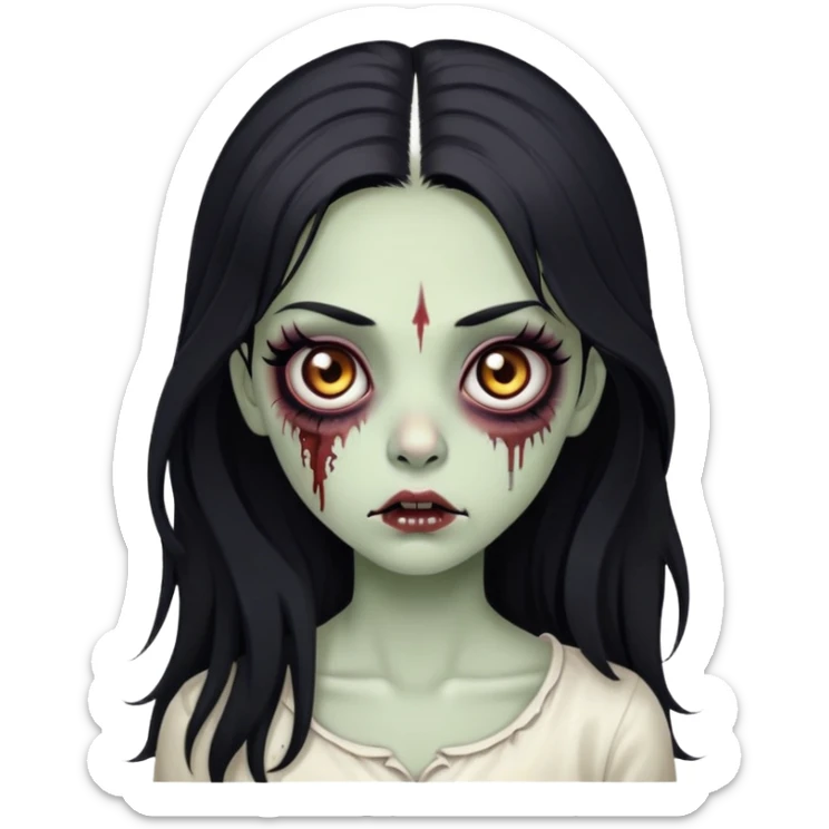 zombie girl, with big brown eyes, big eyelashes and black eyeliner, black long hair sticker