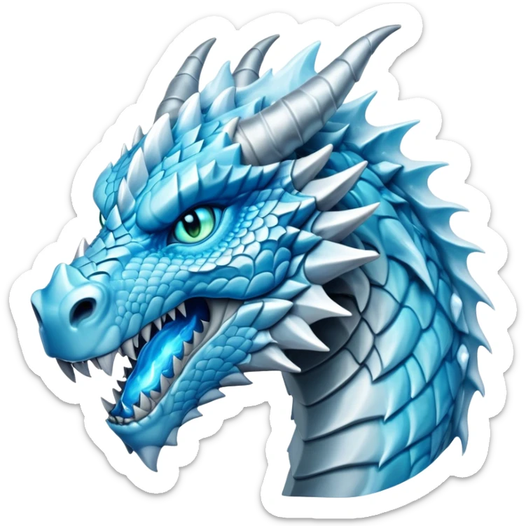 Cinematic Noble Fierce Ice Dragon Portrait Emoji, Poised and imposing, with a muscular, scaled body shimmering in glacial hues of icy blue, frostbitten silver, and crystalline white, and piercing, glowing eyes that radiate the chilling depths of an arctic storm; rendered in detail. sticker