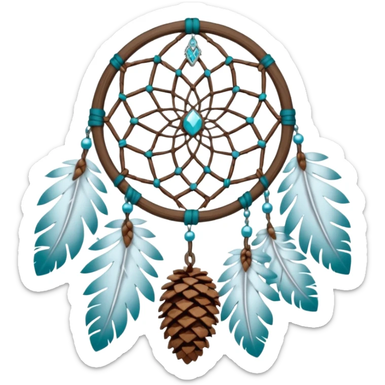 Winter-themed snow-covered spruce pine wooden pinecone dreamcatcher with white feathers, silvery chains and teal leaves sticker