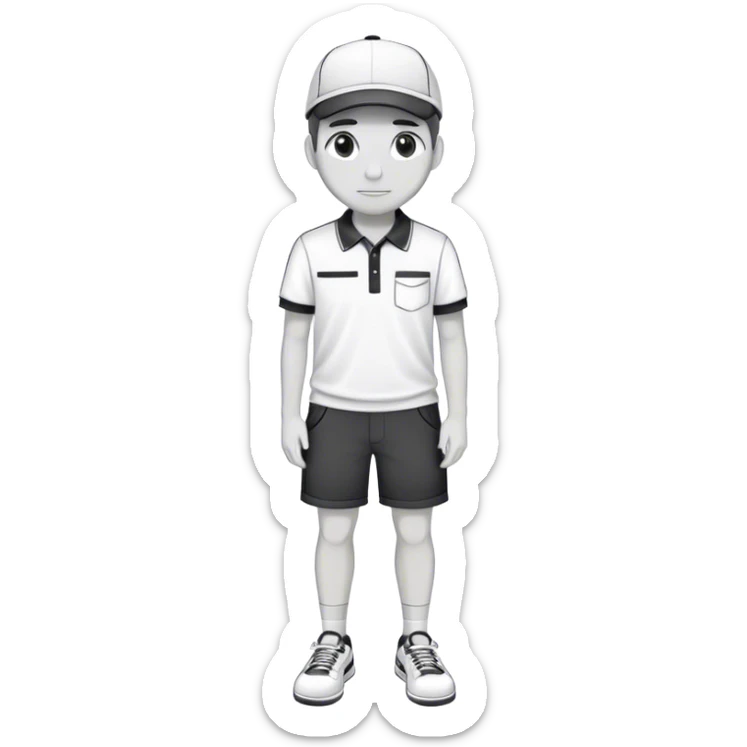 Pool attendant, wearing a cap, polo shirt, shorts, and sneakers, in a simple black and white outline style. No facial features. Zero facial fetures. featureless face sticker