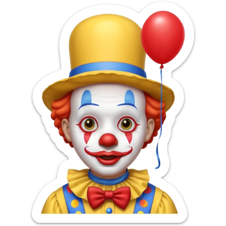 A clown who has a yellow hat, yellow clothes, blue neck ruffle, and a red balloon as his lips; sticker