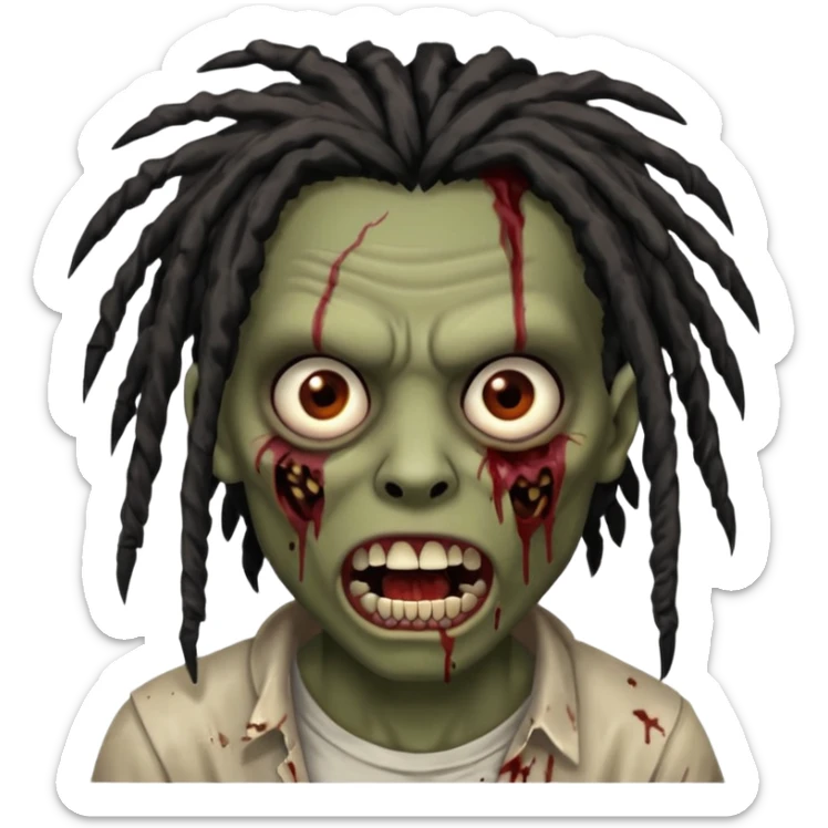zombie with brown skin, messy black dreads hair, wide centered brown eyes, dark bloody marks under the eyes, and a slightly open mouth showing crooked teeth grillz, giving a distressed, undead look. sticker