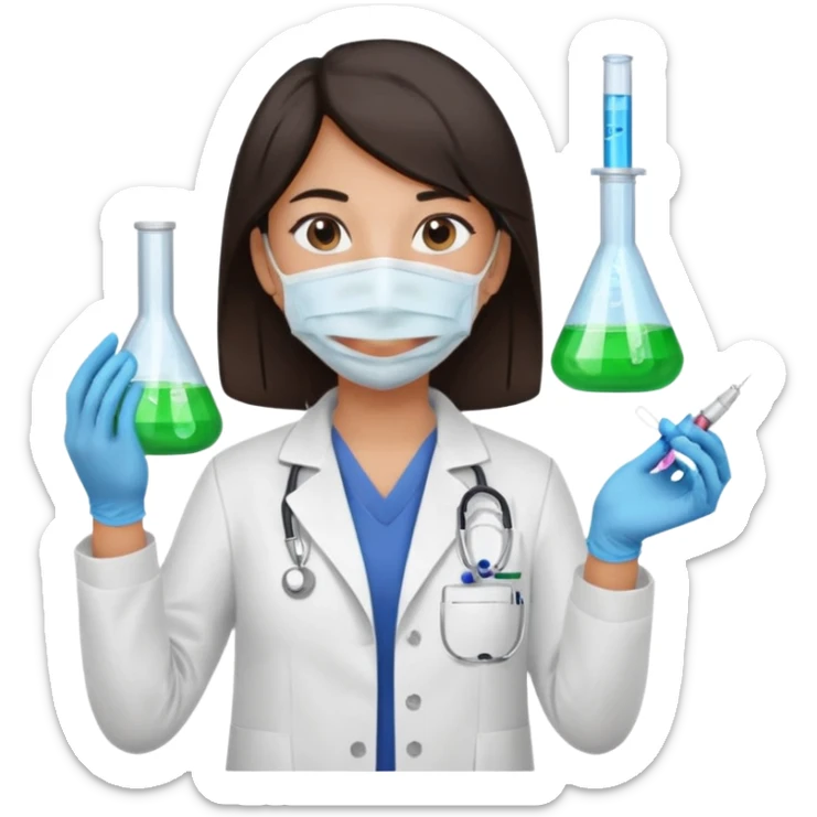 medica con guantes  y mascarilla e insumos laboratorio reactivo jerigan tubos  pelo negro largo triguella sin testoscopio sticker