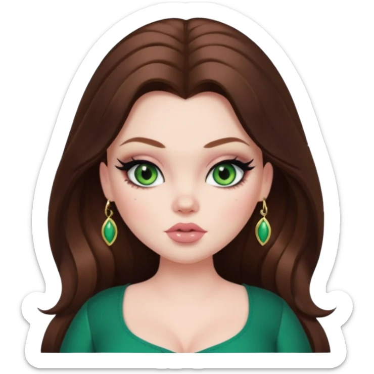  long brown hair, pale skin, green eyes, pretty bratz baddie, big plus size , black eyeliner, blush sticker