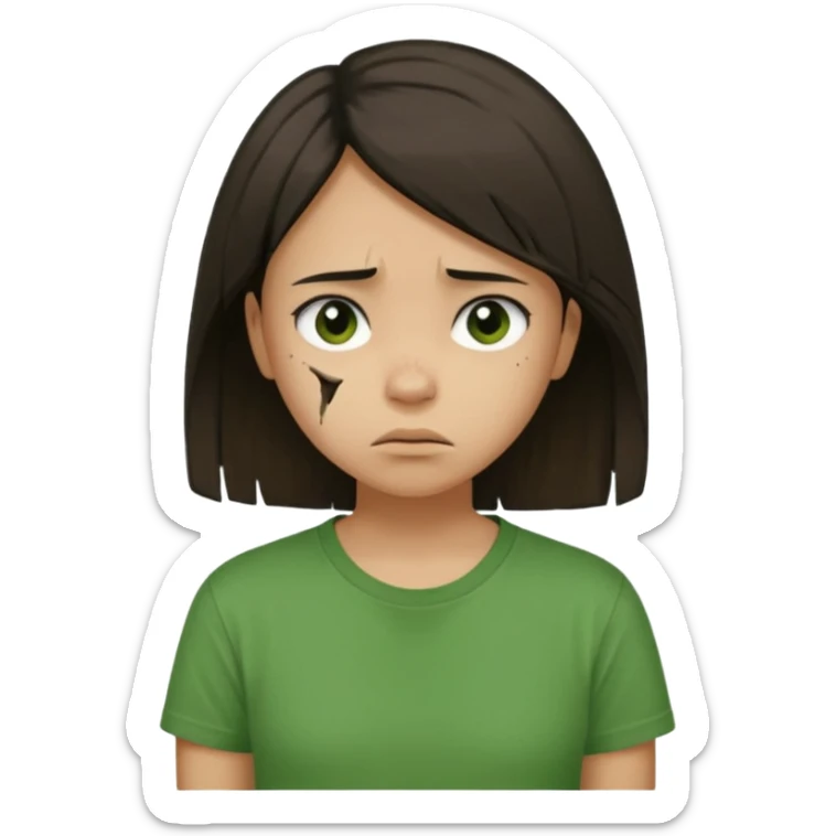 Young girl with straight, dark, damaged, and unkempt hair, wearing a green T-shirt, with a sad and discouraged expression. sticker