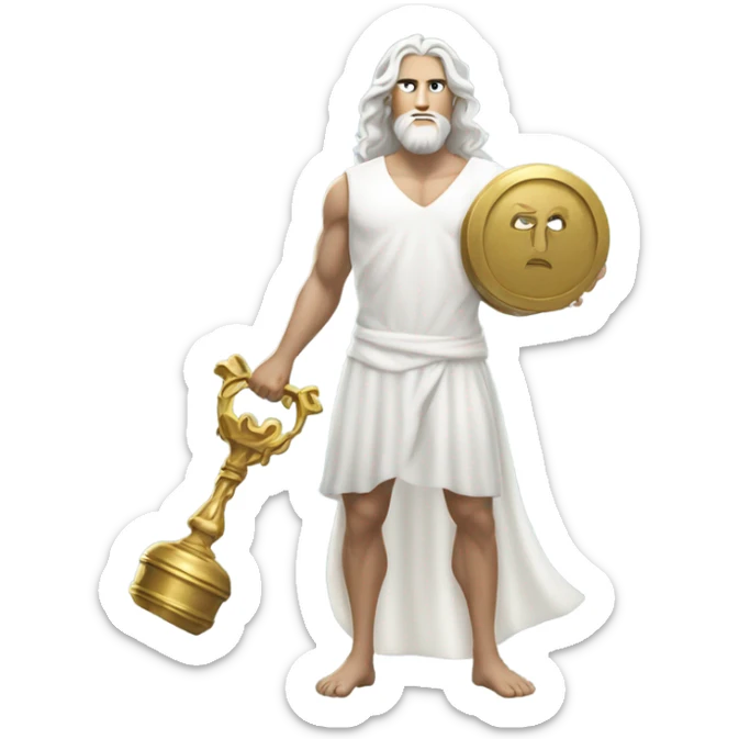 white man Poseidon lift gold weight . long white hair white dress. sticker