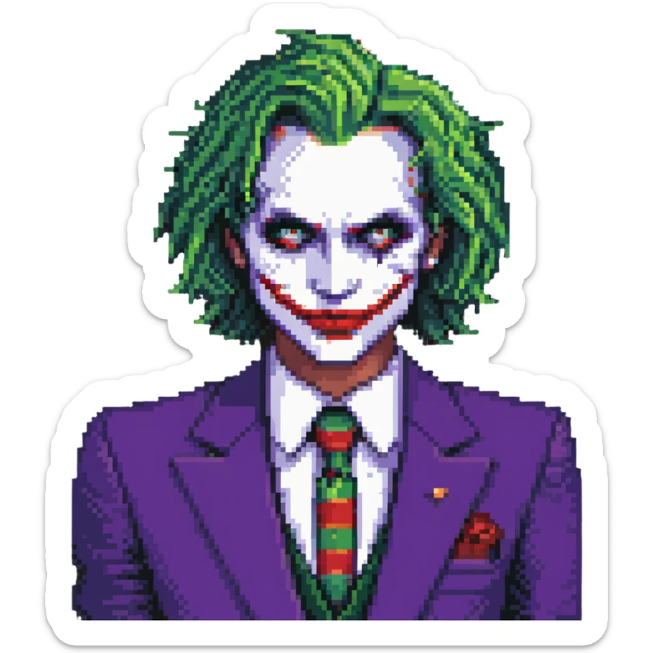 The Joker villain full body with green hair, purple suit, white face, red lips sticker
