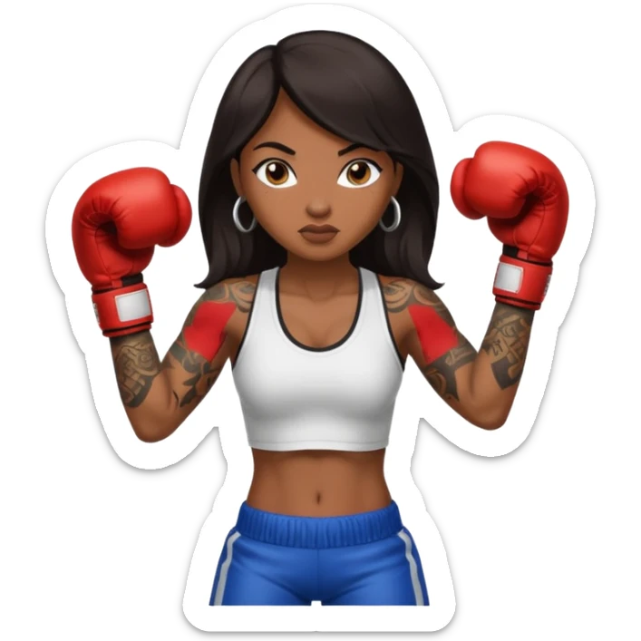 sexy brown skin girl with long dark hair, tattoes, muscles boxing sticker