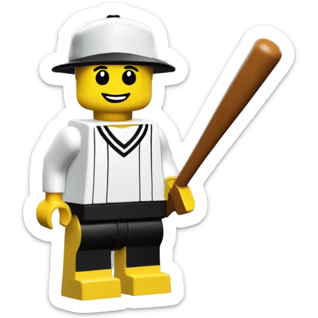 Yellow skin with a white t shirt and black pants Lego minifigure with a classic lego baseball cap sticker