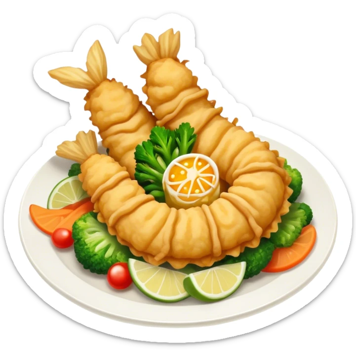 Tempura Cinematic Realistic Tempura Dish Emoji, depicted as extra crispy, lightly battered seafood and vegetables, rendered with vivid textures and dynamic, bright lighting. sticker