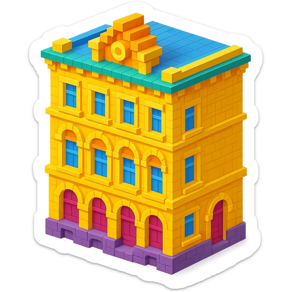 old Saint Petersburg building, yellow pastel facade, ornate details, isometric view sticker