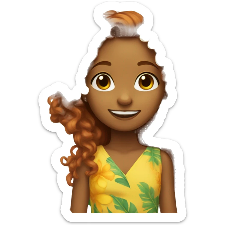 Brown skinned girl, long curly ginger hair, yellow Hawaiian flower in hair,  sticker