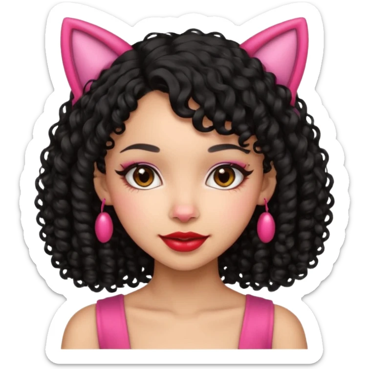 lightskin girl with black curly hair, red lipstick, pink cat ears sticker