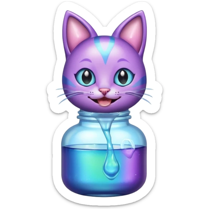 Smiling bottle of oil light purple top and light blue sticking tongue out and with cat ears sticker