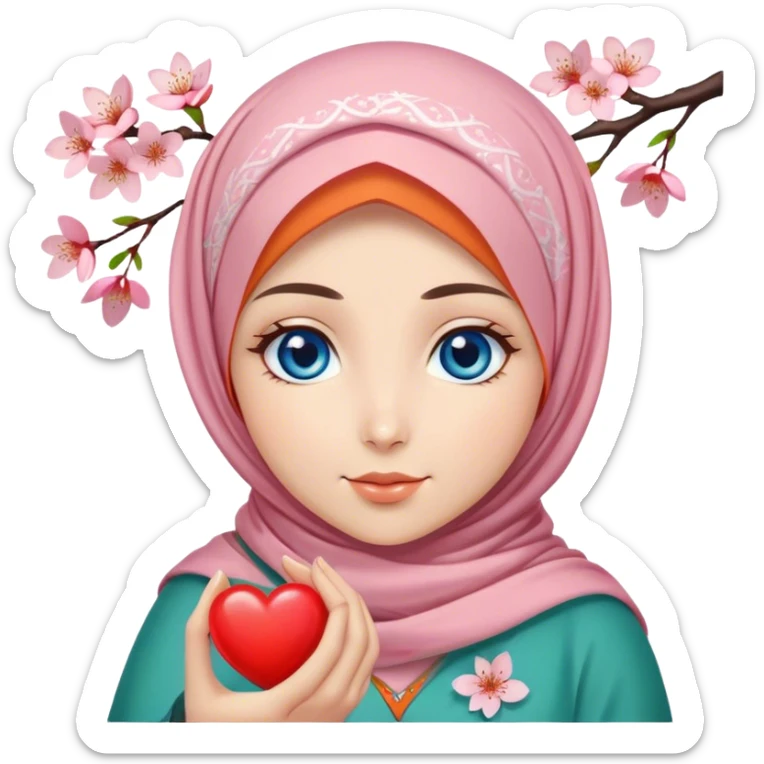 Turkish beautiful finish Konya girl blue eyes with cherry blossom flower orange green design hijab and hold heart in her hand  sticker