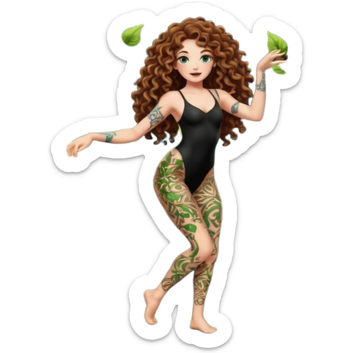 full body view of a woman with long curly brown hair, brown eyes, white skin, tattoos, dancing under glowing spores, fitted dark bodysuit with vine patterns sticker