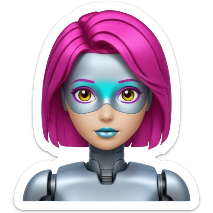 female vibrant hair color metalic robot face not human face sticker