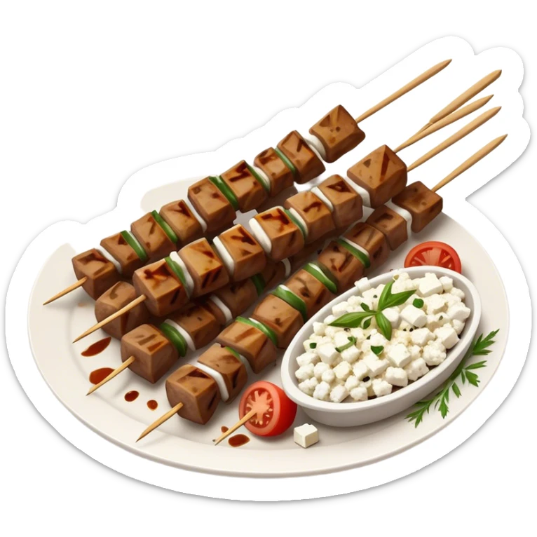 Souvlaki Cinematic Realistic Souvlaki Dish Emoji, depicted as skewered, grilled meat served with a side of crumbled feta cheese, rendered with rich textures and dynamic, appetizing lighting. sticker
