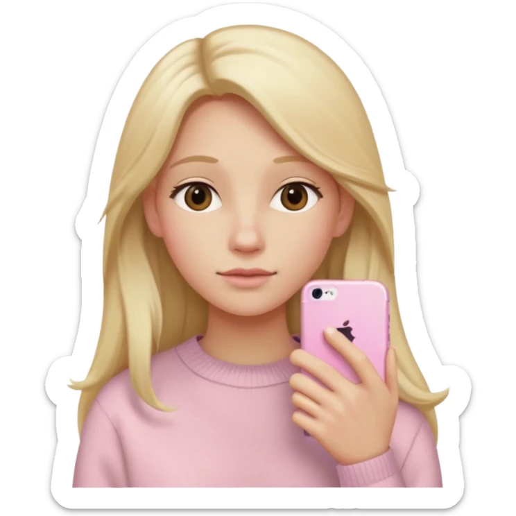 close up of a pastel pink iPhone to the ear, long blonde hair, beige sweater, iOS Apple emoji style sticker