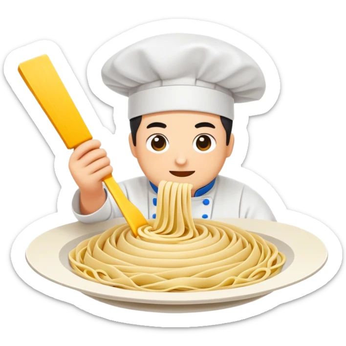 Shanxi knife-cut noodles with chef slicing dough, simplified emoji style with bold outlines and bright colors, cartoon style flying noodle strips sticker