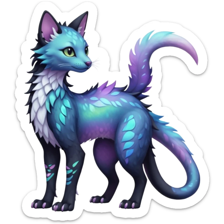 Kawaii black pastel iridescent beautiful pretty elegant divine edgy fantasy feline-vernid-sergal-fursona animal creature with a tufted tail full body with intricate markings  sticker