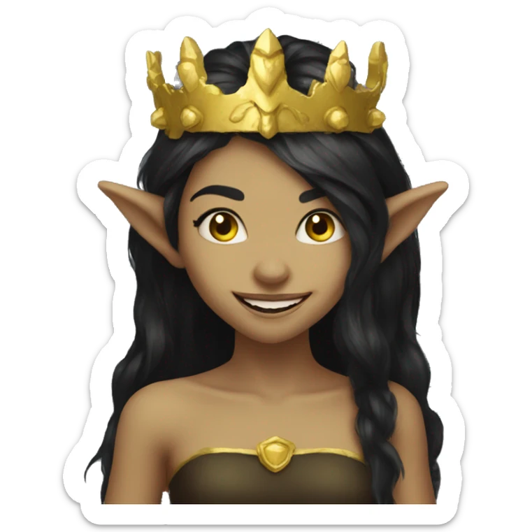 goblin girl with gold crown dark long dark hair big smile sticker