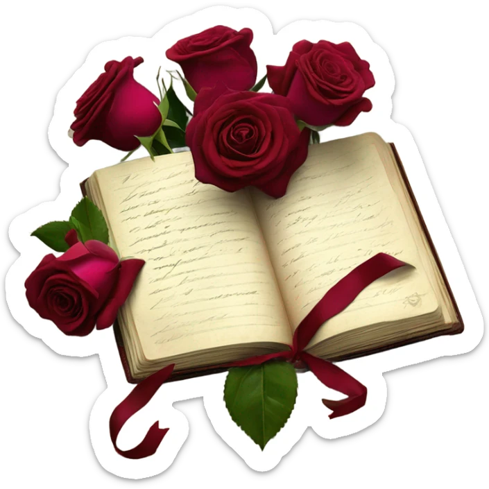 A crimson bouquet of roses with a silk ribbon and an old handwritten diary sticker