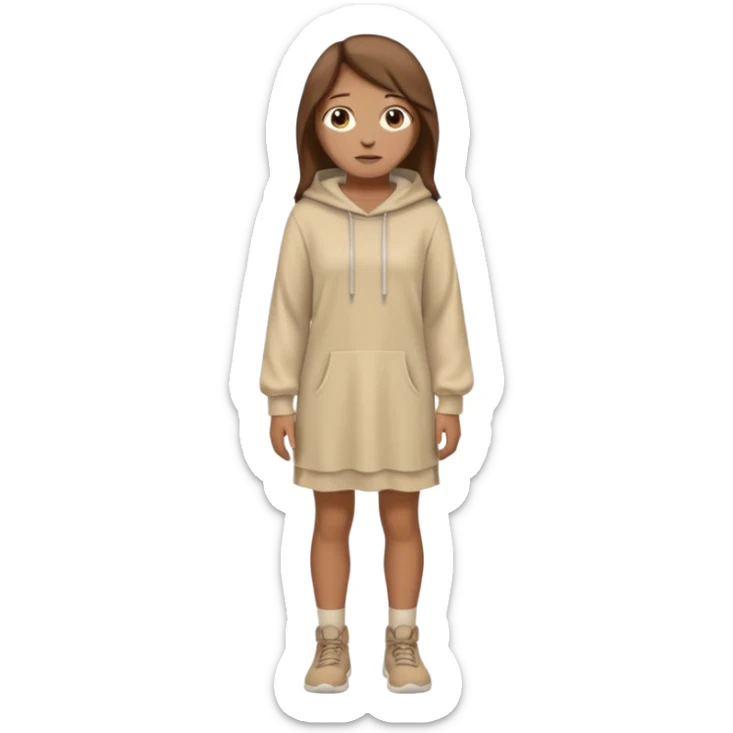 fullbody, head-to-toe, Lazarus's sister, Jesus's friend, with brown hair, beige dress, and a head hoodie, normal emoji style sticker