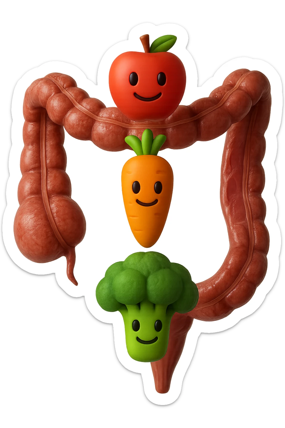 emoji stile iphone in 3d di cibo sano che fluttua in aria vericalmente insieme ùa pezzi di colon umano anatomico, iperrealistico 4k sticker