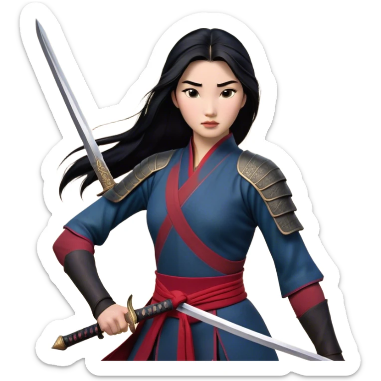 Cinematic Realistic Mulan Portrait, depicted with lifelike skin texture, soft natural lighting, and intricately detailed long black hair styled elegantly. Her deep, expressive eyes exude determination and grace, complemented by a serene yet confident expression. She stands with one hand resting on the hilt of her sword, the other by her side, exuding strength and poise. She is dressed in her classic attire, with rich fabric textures and delicate folds that catch the light beautifully. The portrait features a soft, enchanting glow with a natural, radiant finish, capturing the essence of timeless strength and beauty in a realistic and painterly style, evoking a sense of depth and authenticity. sticker