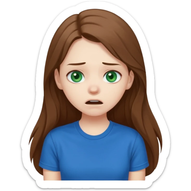 Cute girl with pale skin, long brown hair, dark green eyes, blue t shirt who is chocked sticker