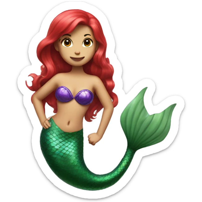 mermaid with red hair, purple shell bra, and shimmery green tail  sticker