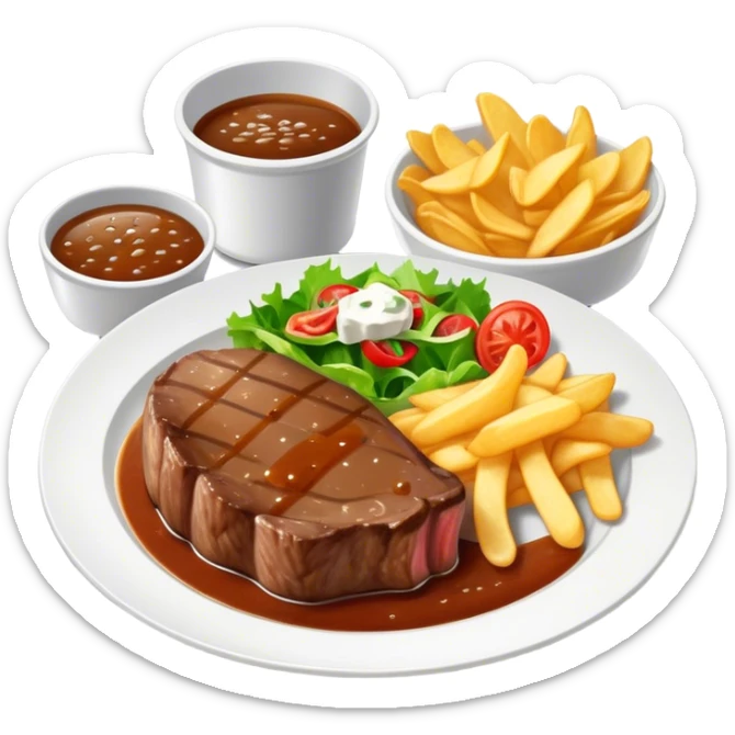 big juicy australian steak meal featuring chips, small salad in a ramiken and gravy  sticker