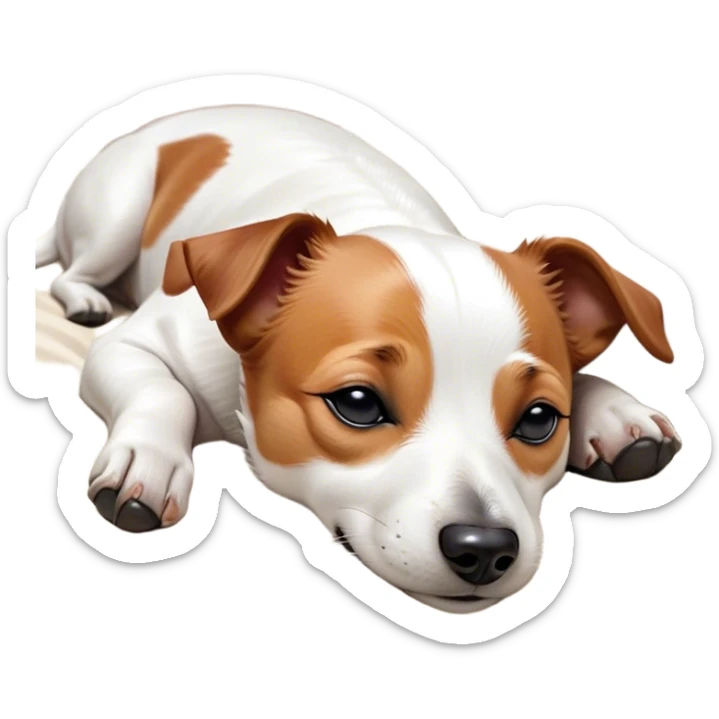 Meme-Worthy Cute Sleeping Jack Russell Terrier Portrait Emoji, Head and body resting peacefully with a contented smile, showcasing a compact, alert yet relaxed form with eyes gently closed in serene slumber, Simplified yet adorably endearing features, highly detailed, glowing with a soft, drowsy canine light, high shine, relaxed and utterly lovable, stylized with an air of playful laziness, soft glowing outline, capturing the essence of a sleeping Jack Russell Terrier that feels destined to become the next viral icon of adorable rest! sticker