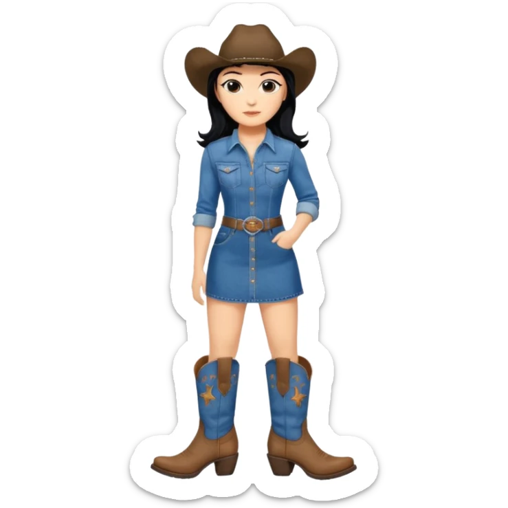 Woman black hair denim dress knee high cowboy boots sticker