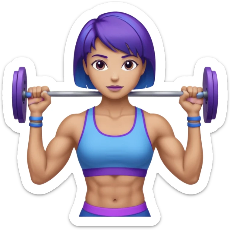 weight lift woman short blue purple har muscles bar is not growing from head sticker