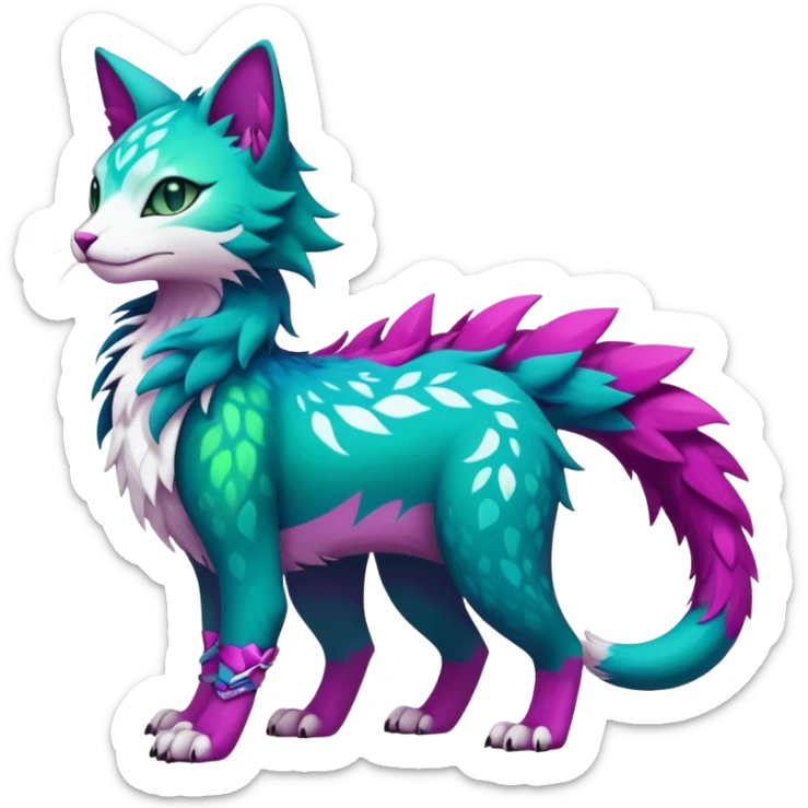 Kawaii cute colorful iridescent deep-dark-turquoise-green and magenta and white beautiful pretty elegant divine edgy feline-vernid-sergal-Fakémon-Pokémon-fursona-animal-creature with accessories, full body, with intricate detailed markings sticker