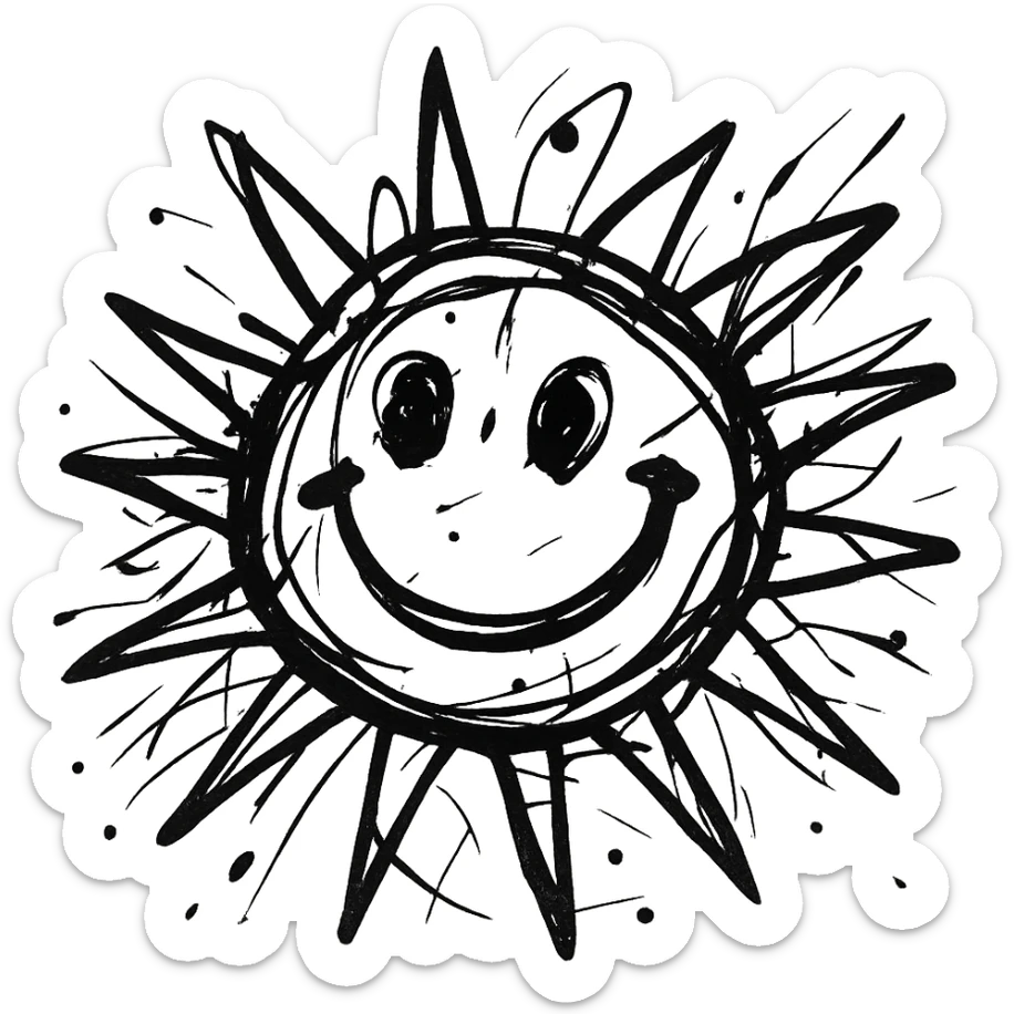 chaotic hand-drawn black outline icon of a smiling sun with uneven rays and sketchy lines sticker